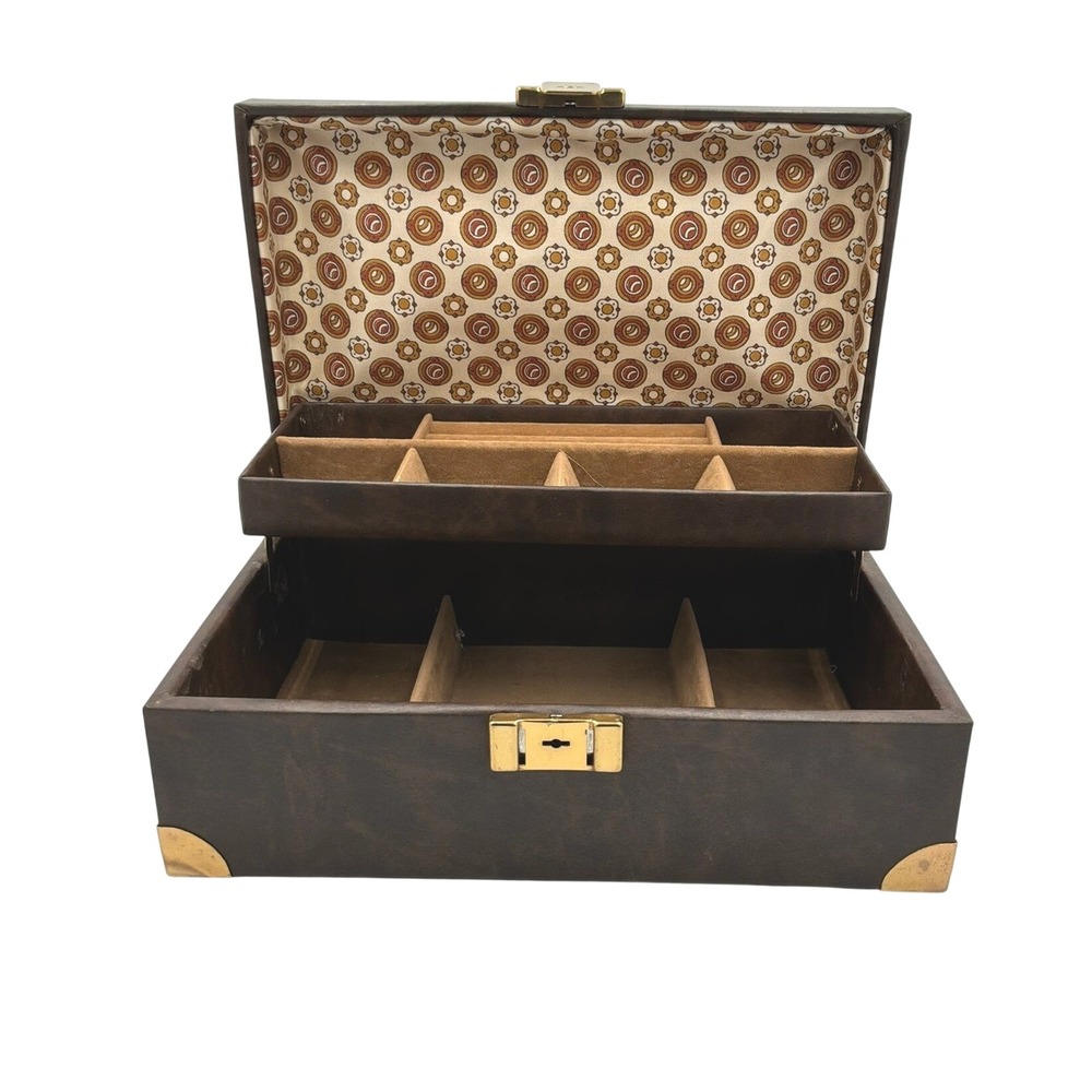 Vintage Buxton Men's Valet Jewelry Box Brown Faux Leather Made USA With Key